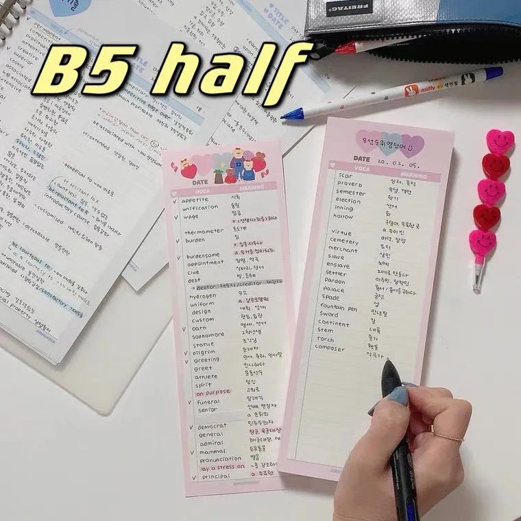 Vertical English word notepad in blue, pink, or purple cover, showing double-sided printed pages.