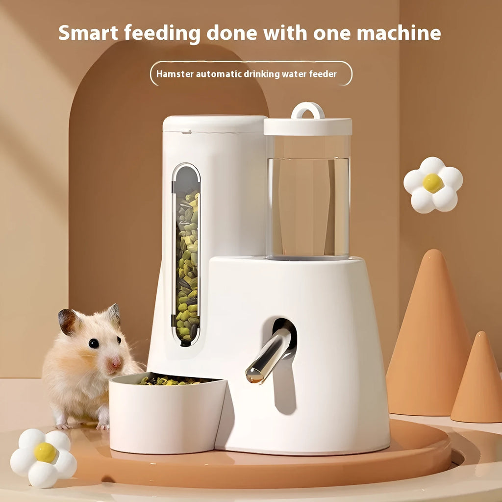 White automatic water feeder and food basin set for hamsters on a blue background.