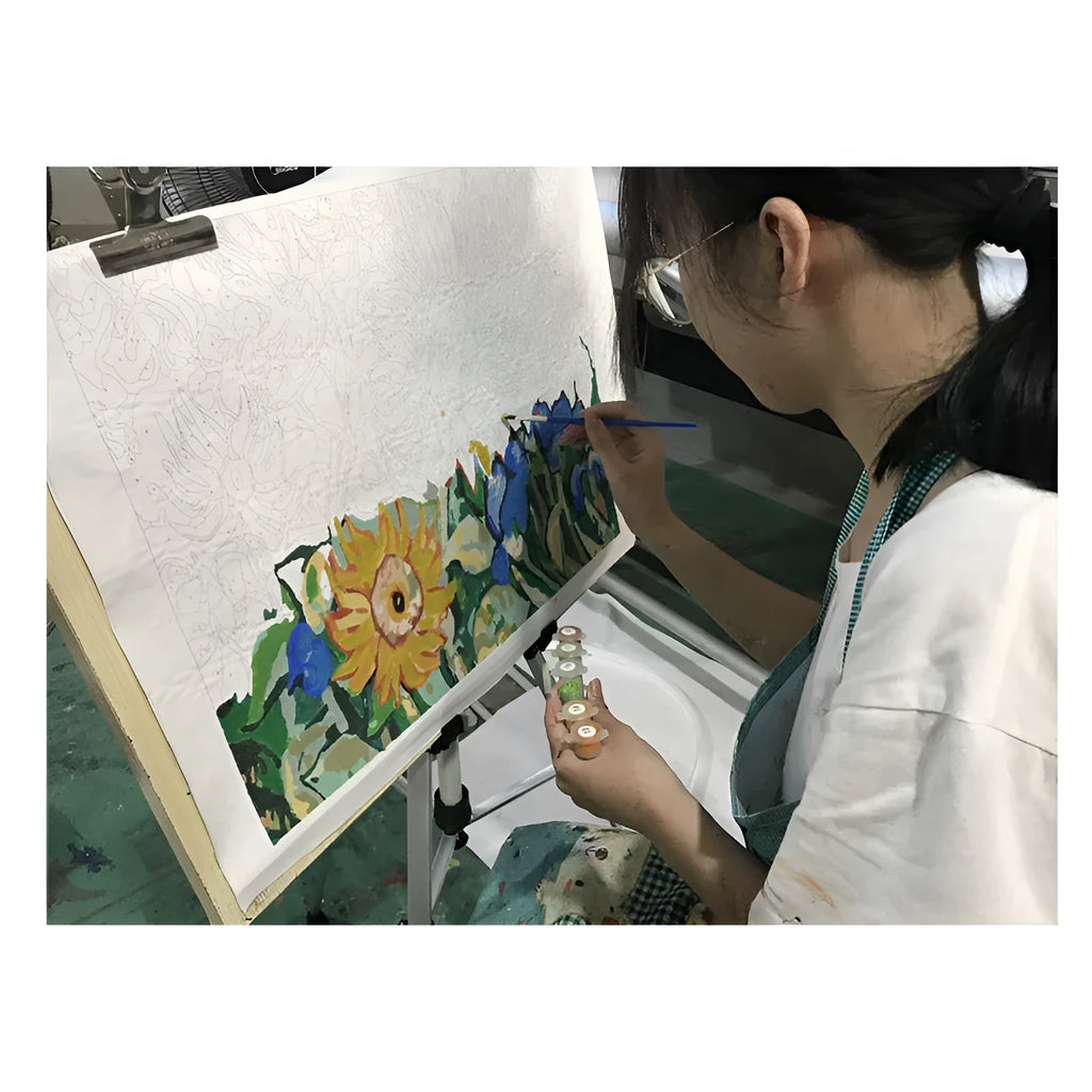 DIY digital painting kit showing 40×50cm canvas with body artwork, three paint brushes, and wall hooks