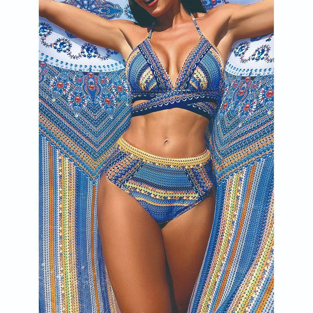 Women's blue cross bandage style high waist bikini swimsuit three-piece set on a mannequin.