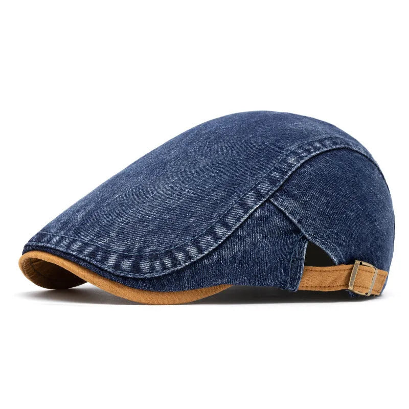 Men's washed-out denim contrast colour beret with flat top crown and adjustable cotton fit