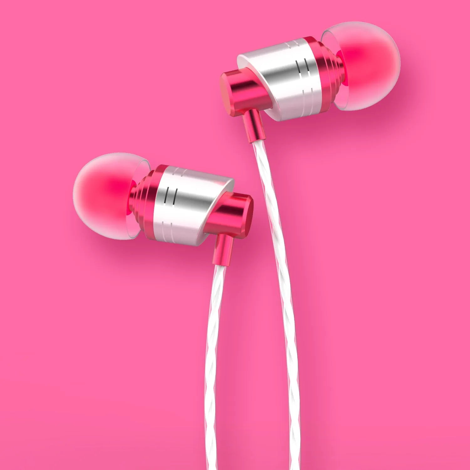 Black wired in-ear earphones with a 3.5mm plug, silicone earpieces, and a built-in microphone on the cable.