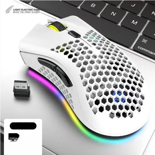 Hollow-out wireless gaming mouse with luminous RGB lighting in black, cyan or white colour options