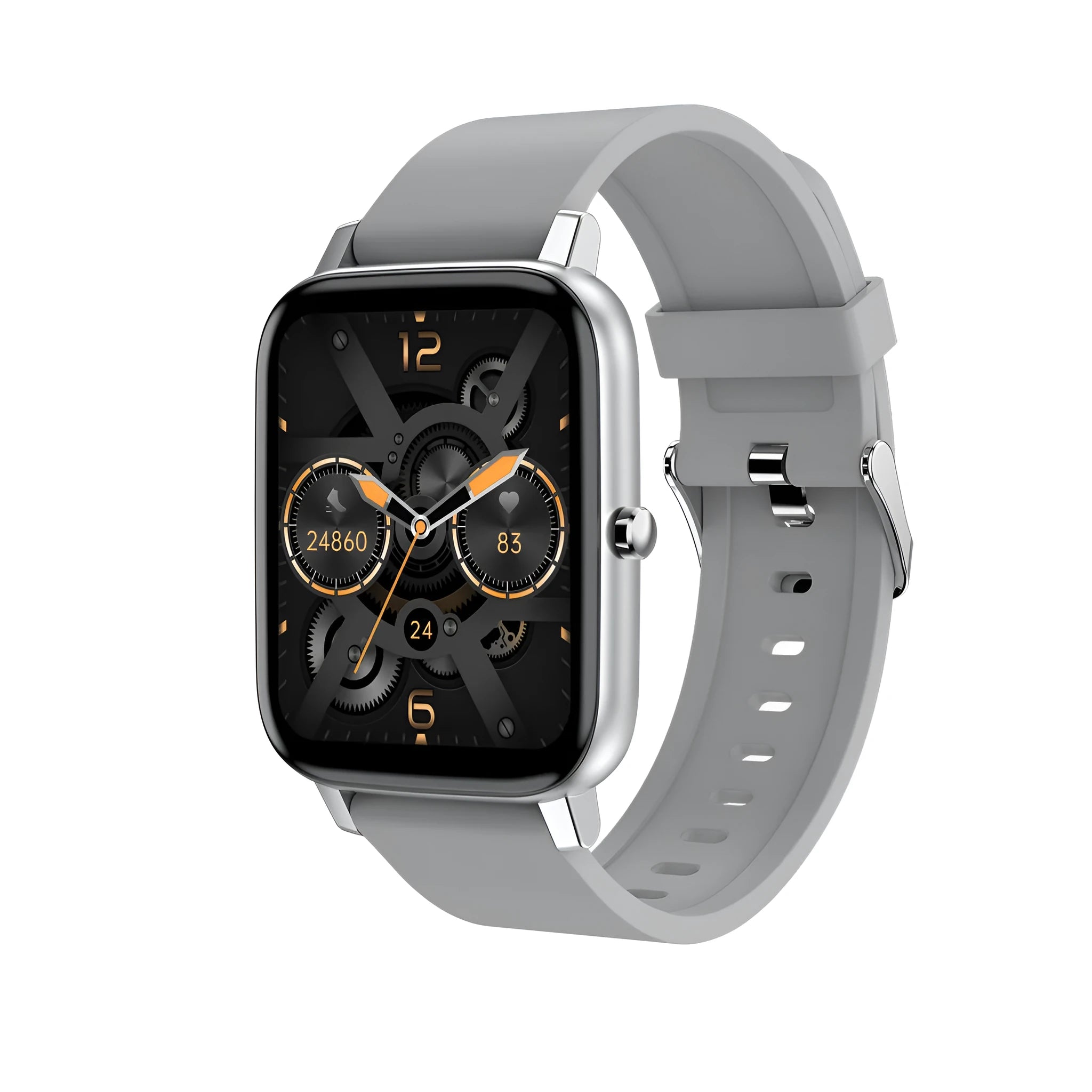 H80 smartwatch in black on a wrist, showing a heart rate graph on its 1.69-inch spherical glass screen.
