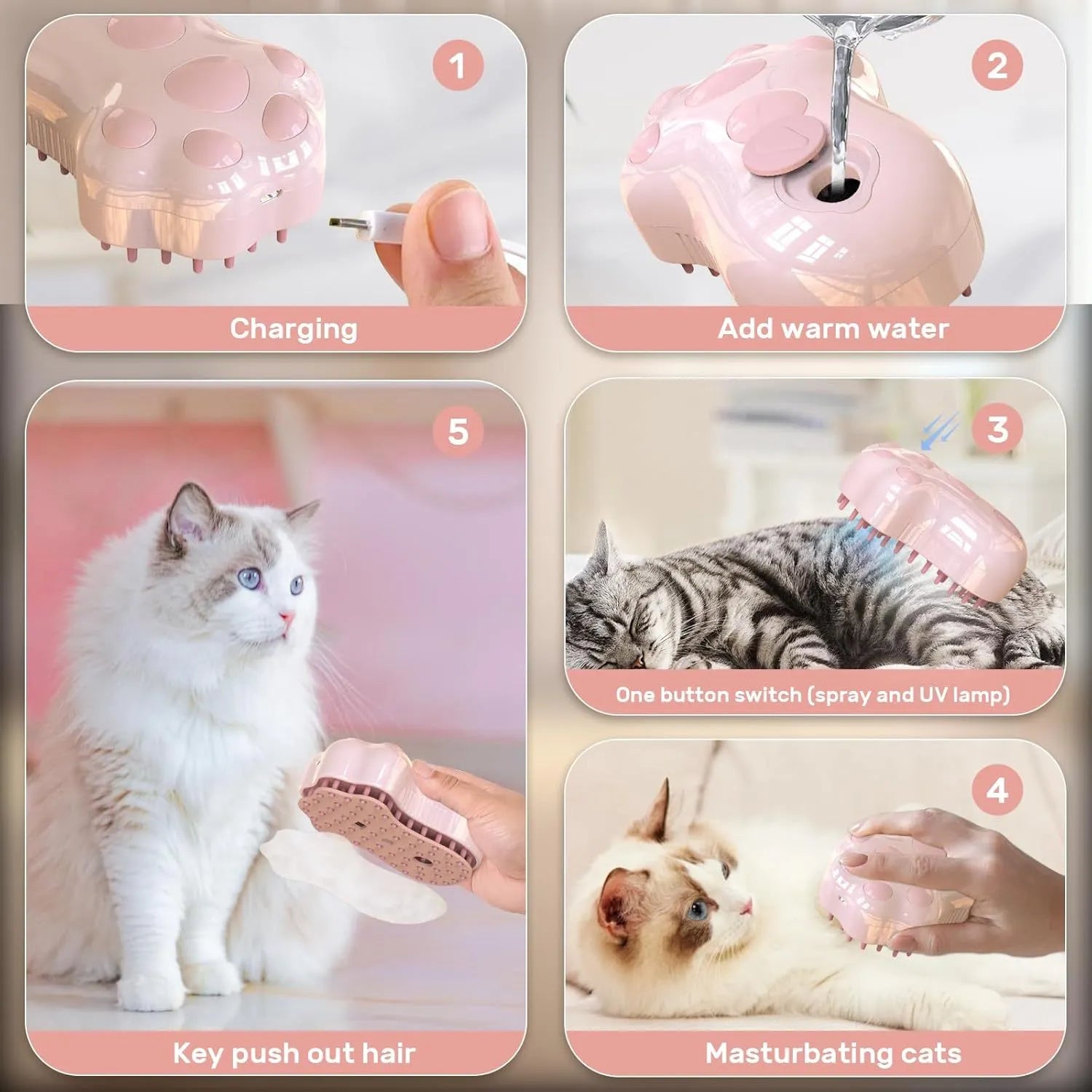 Blue self-cleaning cat steam brush with silicone bristles and a water spray nozzle.
