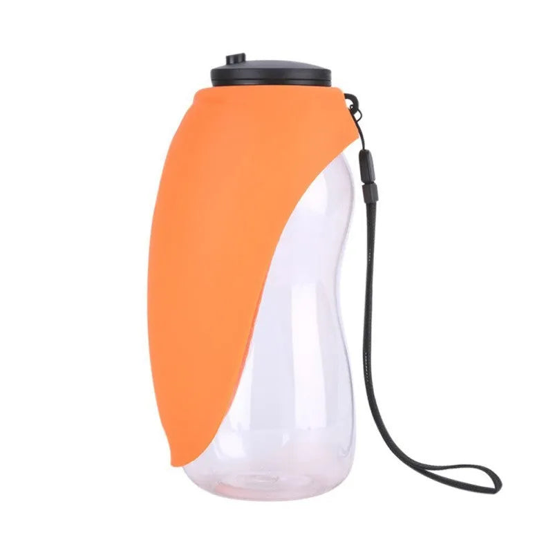 Portable pet water bottle with drinking bowl in blue, green, red, or orange colours