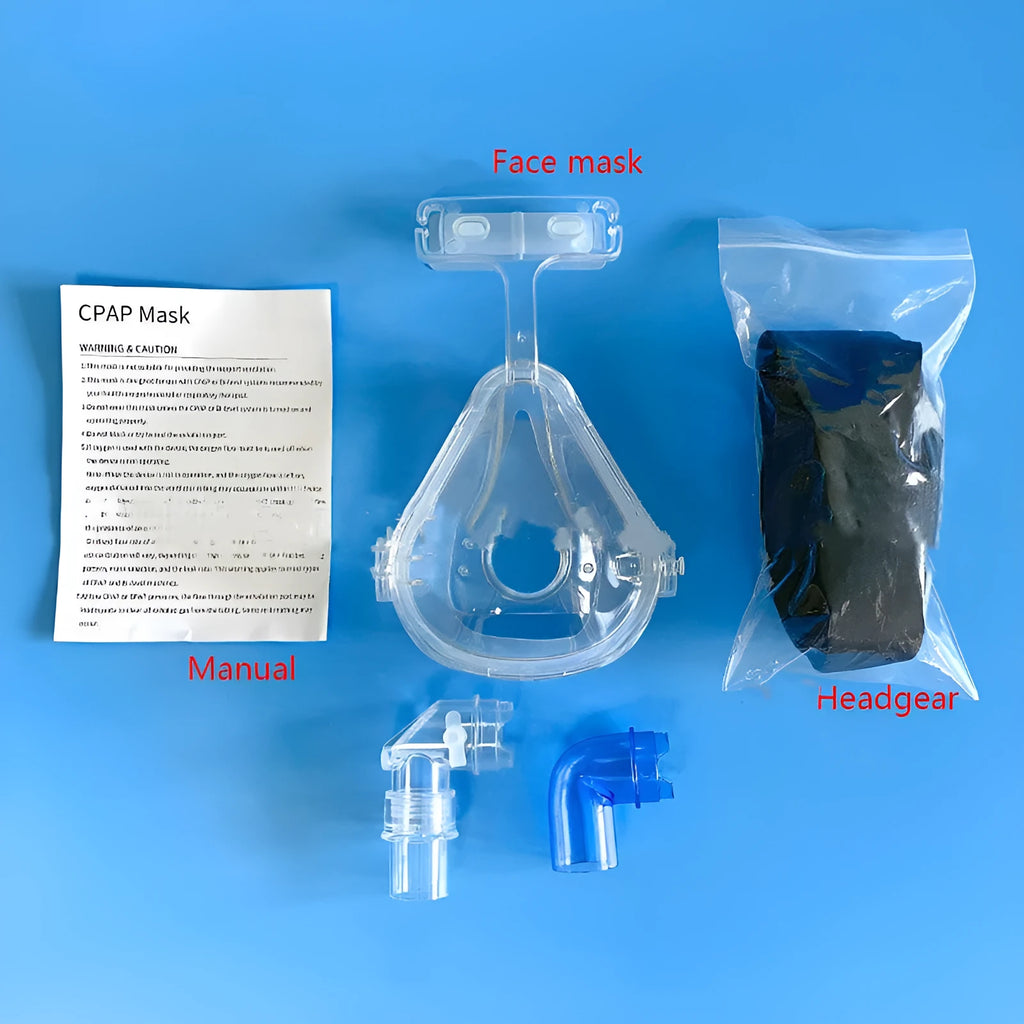 Transparent CPAP breathing mask with silicone cushion, PC frame, headgear, and adapter elbows