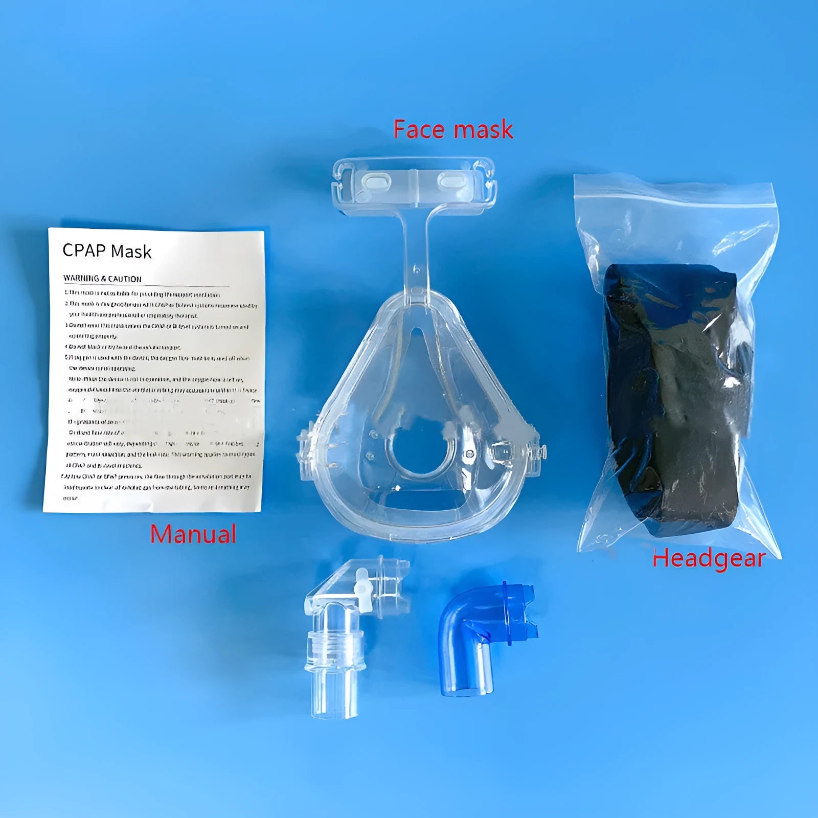 Transparent CPAP breathing mask with silicone cushion, PC frame, headgear, and adapter elbows