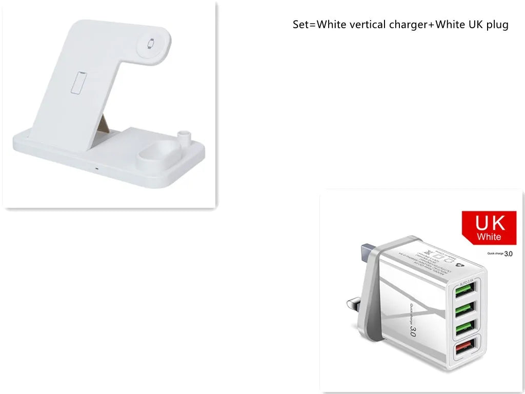 Black foldable 4-in-1 wireless charging station showing phone, Apple Watch, and AirPods charging simultaneously.