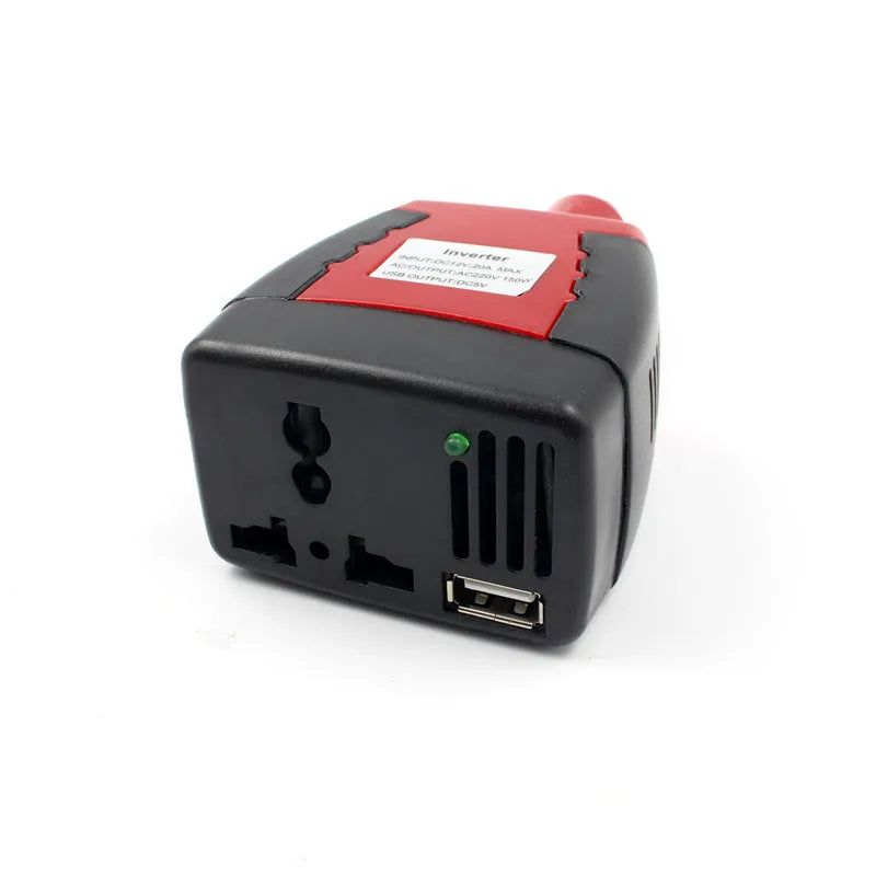 Black and red 150W car power inverter measuring 115x65x41mm converts 12V DC to 110V AC with USB output