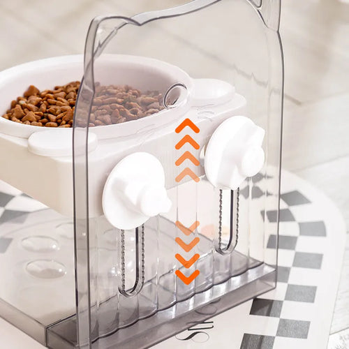 Grey adjustable height cat feeding bowl with anti-spill edges and removable design