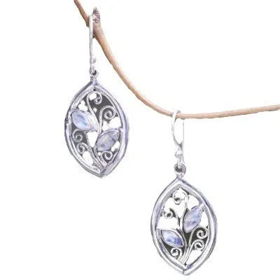 Silver leaf earrings with embedded colourful moonstones for women