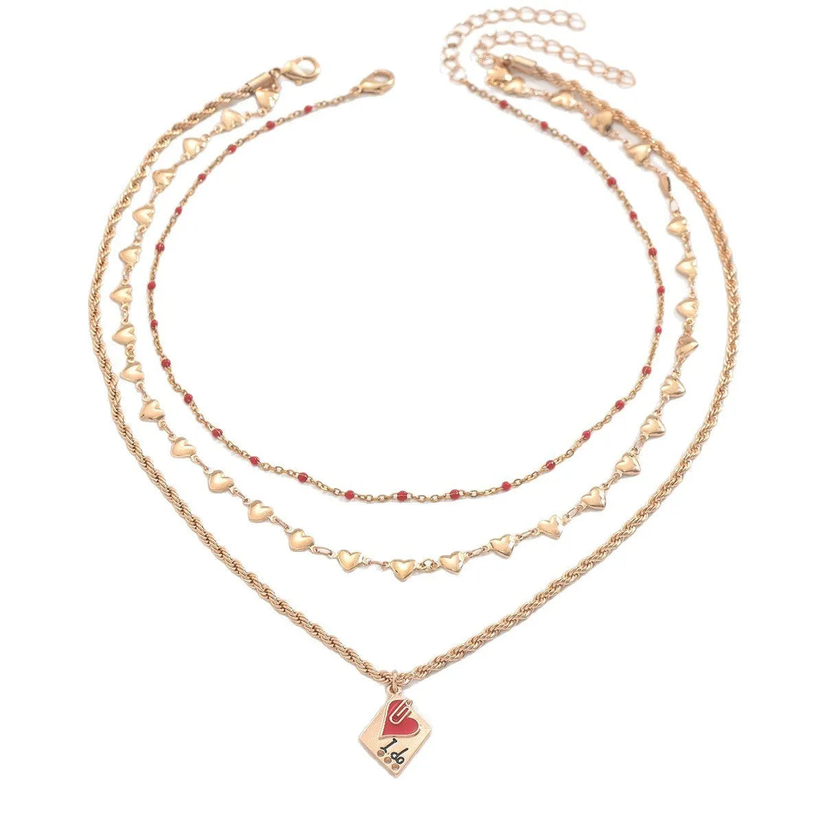 Close-up of a zinc alloy heart pendant on an adjustable three-layer clavicle chain necklace.