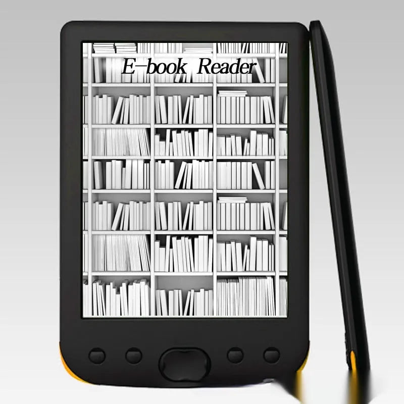 Black 6-inch e-book reader with E-ink screen showing book text display