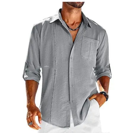 Men's grey casual long sleeve button-up shirt with polo collar and lace-trimmed chest pocket.