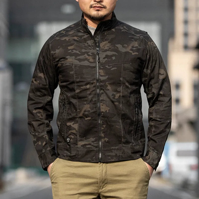 Men's brown polyester Outdoor Tactics Assassin Jacket with a camouflage pattern option displayed.