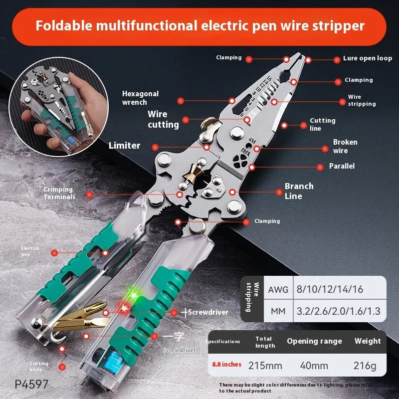 Electrician's pointed pliers and wire stripper with rust prevention in 215mm or 225mm sizes