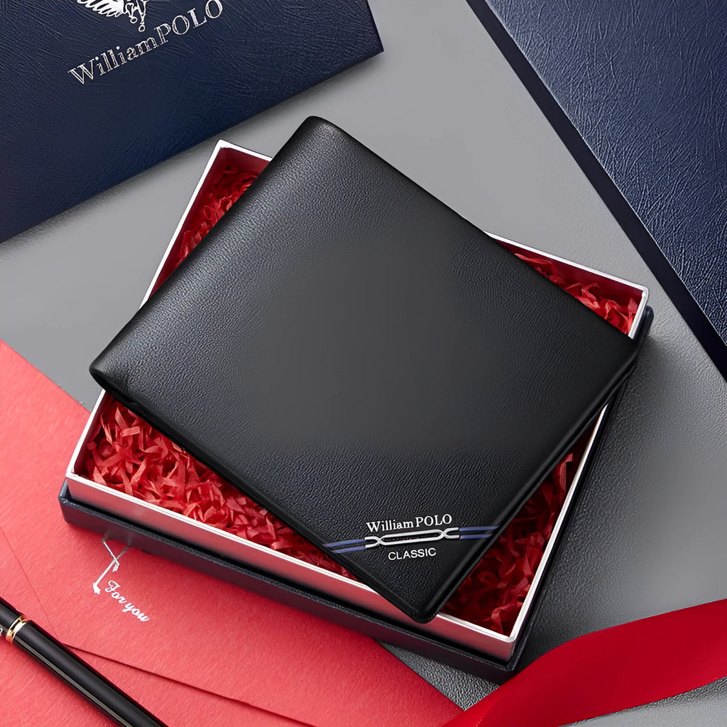 Men's slim leather wallet showing anti-theft card slot and letter pattern detail