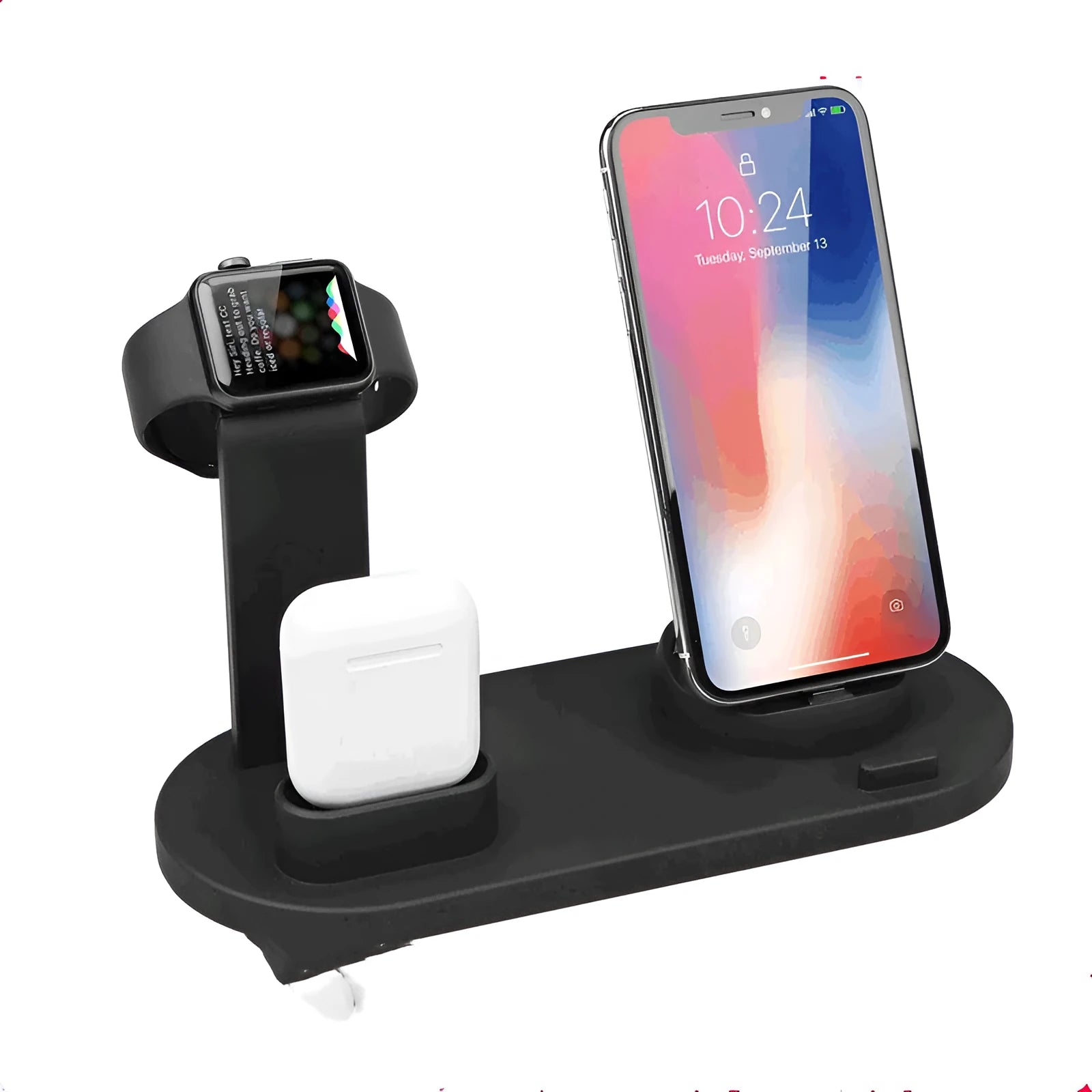White or black plastic headphone charging stand with a USB port for phones.
