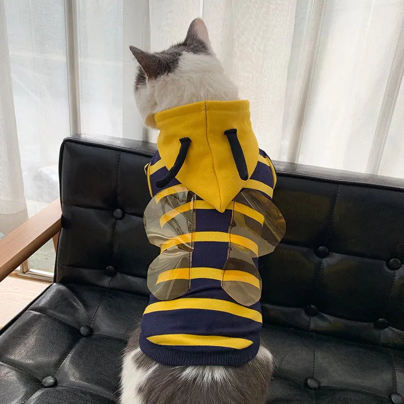 Plush bee dog hoodie in yellow striped cotton, winter pet coat for bulldog puppy cat, sizes XS to XXXL.