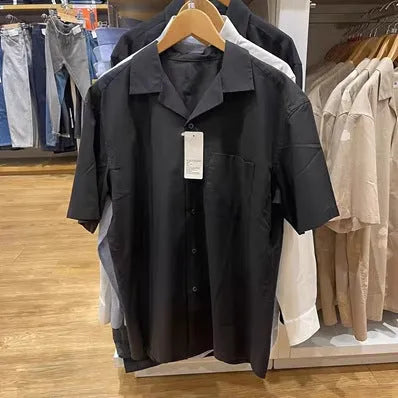 Men's modal cotton open collar shirt in beige, olive, white, and black colours with cardigan style and collage stitching