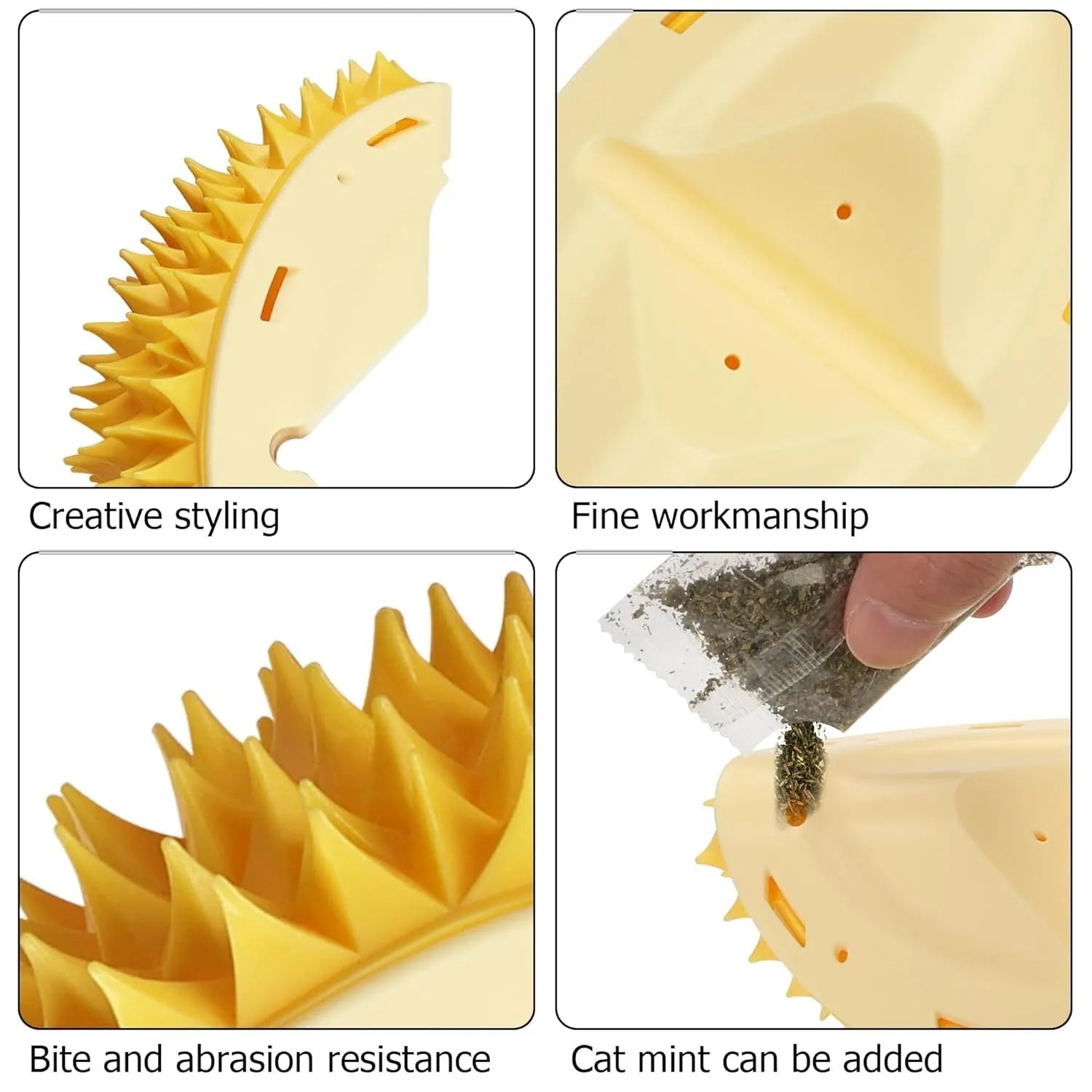 Yellow durian-shaped cat corner scratcher and massage comb toy for indoor cats.