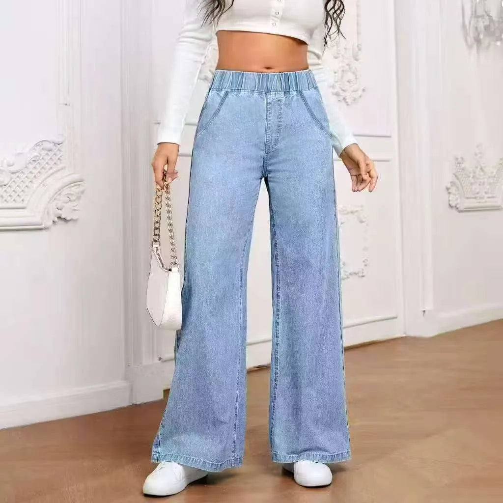 Light blue washed plus size women's wide-leg straight jeans on a mid-waist fit.