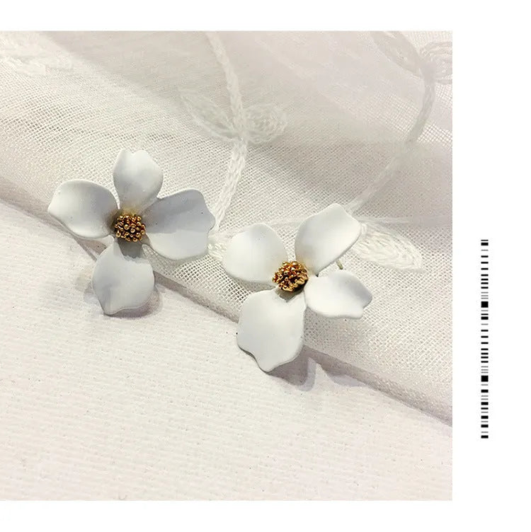 Alloy flower stud earrings with electroplated finish in white and pink colour options