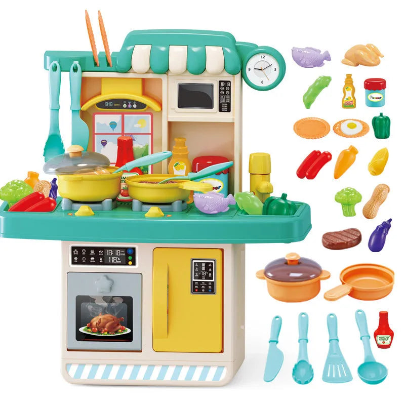 Kids dishwasher play set with 23 pink accessories and electronic components on a play table