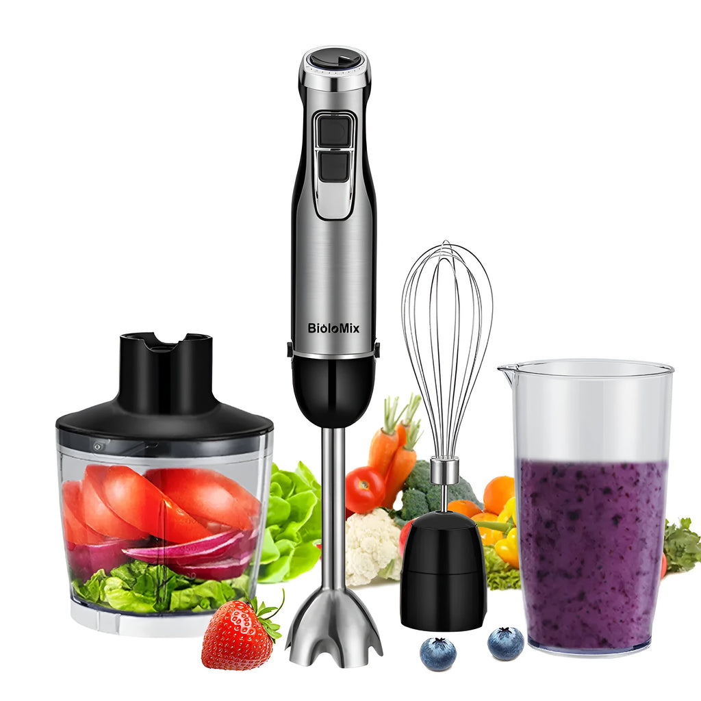 Silver Biolomix hand blender kit with motor unit, stainless steel shaft, whisk, chopper bowl, and blending beaker.