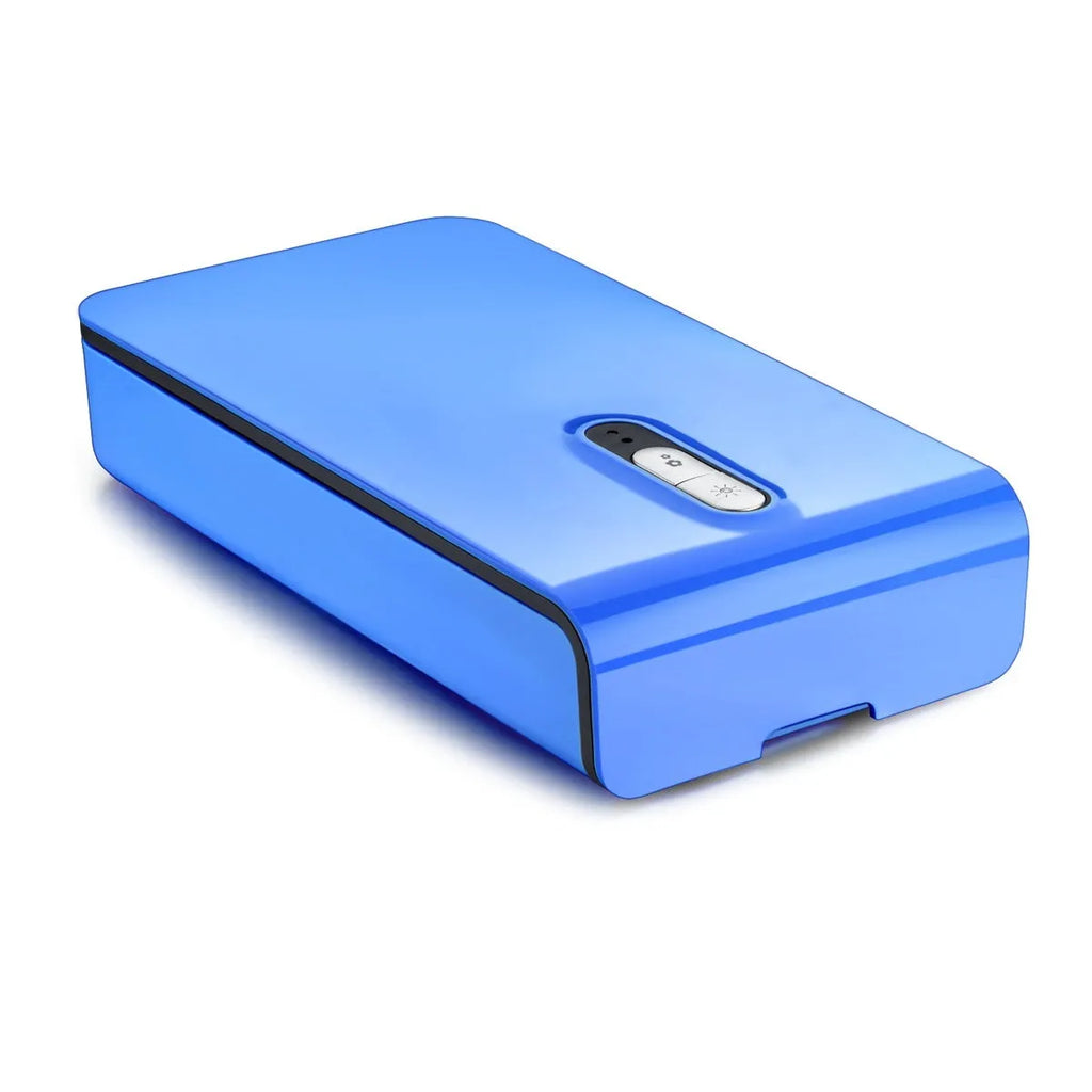 Blue UV phone steriliser unit with lid open, showing purple disinfection light and space for a mobile phone.