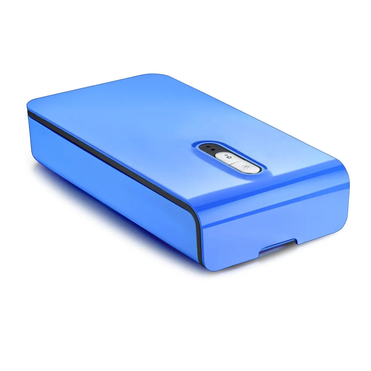 Blue UV phone steriliser unit with lid open, showing purple disinfection light and space for a mobile phone.
