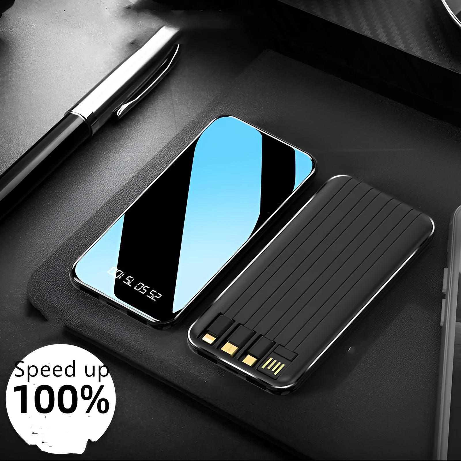 Portable power bank with digital display showing battery percentage, surrounded by USB, Micro USB, Type-C, and Lightning cables.