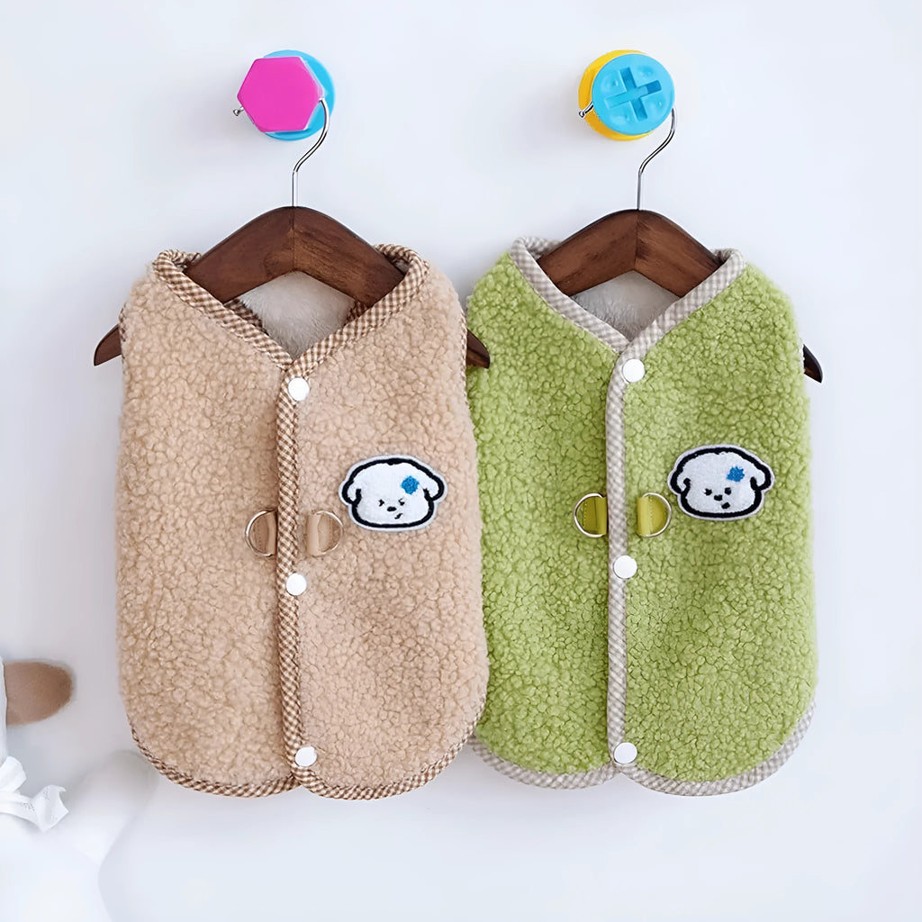Green coral fleece dog sweatshirt vest with a leash ring on a small dog.