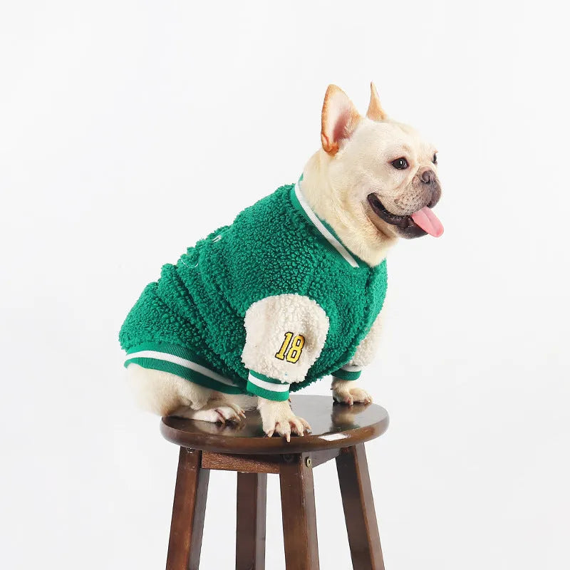 Green fleece-lined cotton dog winter coat showing front view on mannequin