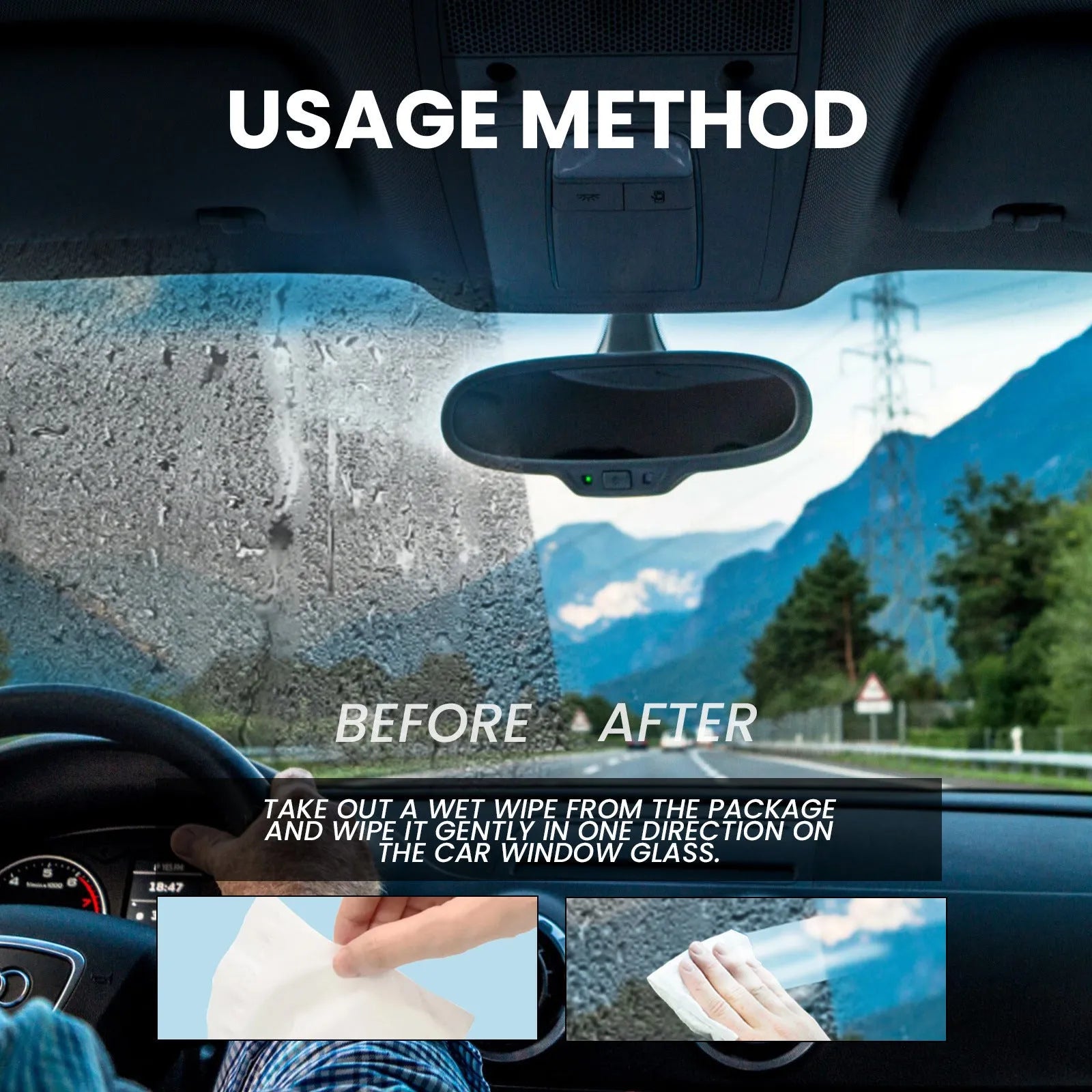 Pack of 40 car anti-fog rainproof wipes with water-based resin on non-woven fabric