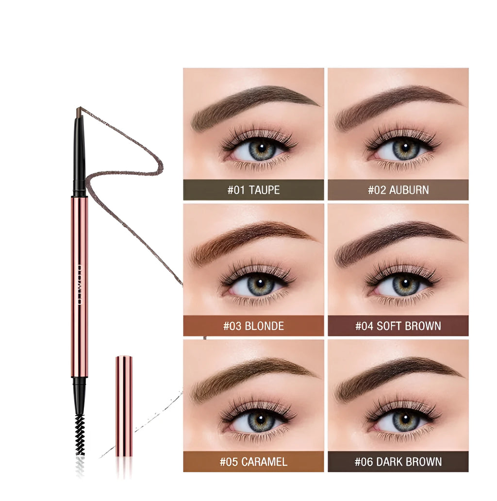 Eyebrow pencil set showing six colour options in colour box packaging.