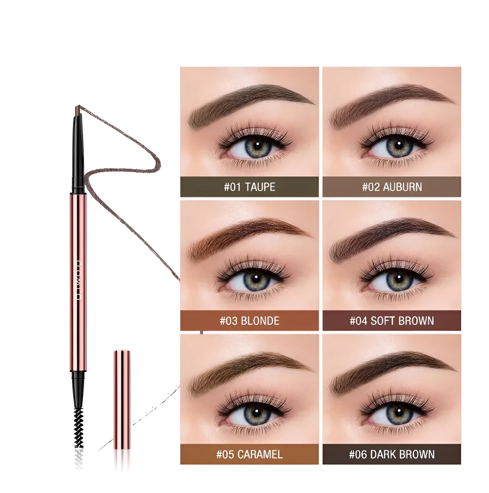 Eyebrow pencil set showing six colour options in colour box packaging.