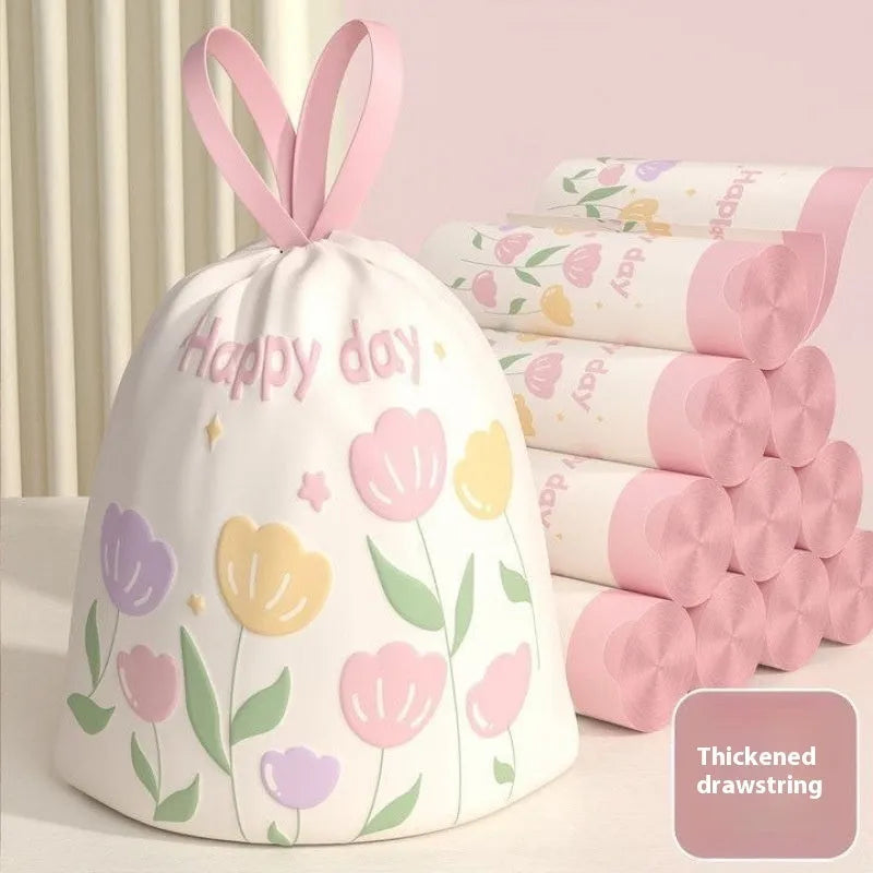 Pink degradable rubbish bags with drawstring, sized 44 cm by 48 cm.