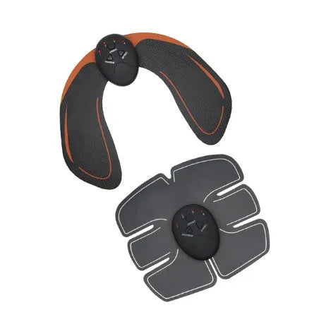Compact black EMS muscle stimulator unit with conductive gel pads for abdominal and buttock toning