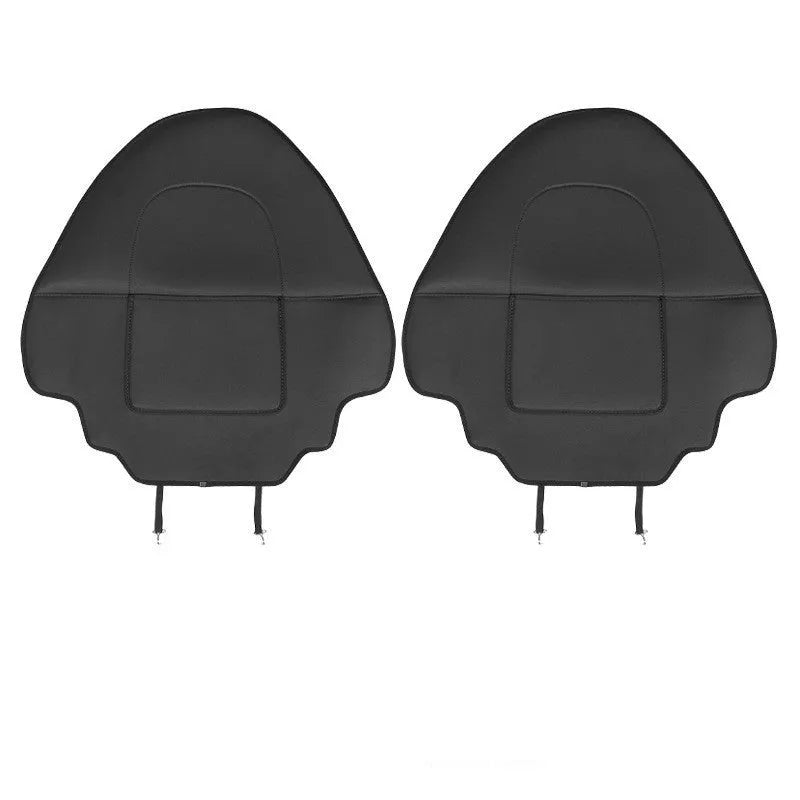 Two black leather motorcycle seat anti kick pads showing dimensions of 68cm by 42cm