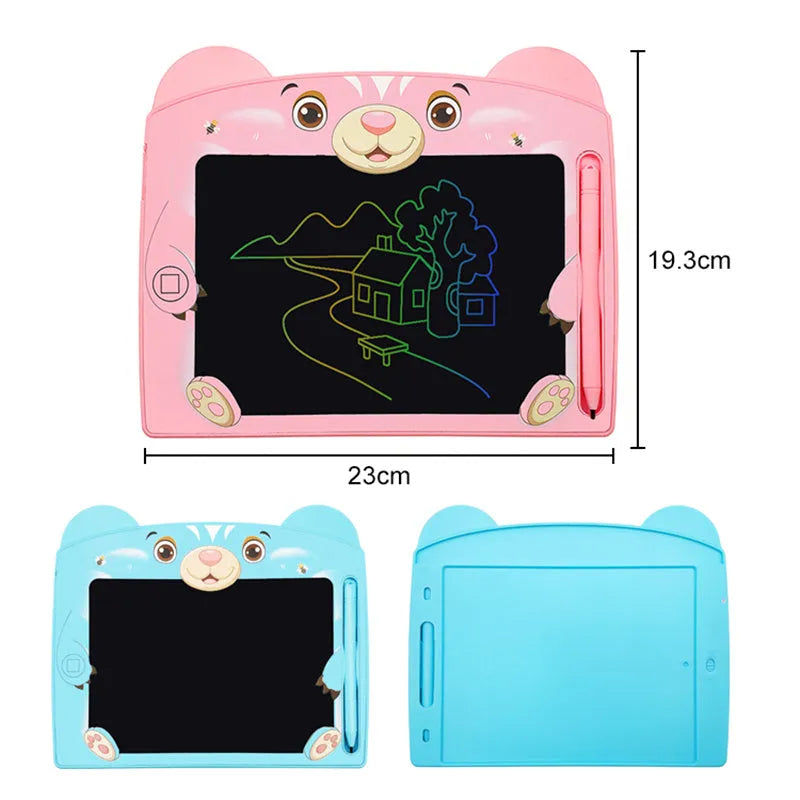Sky blue children's LCD writing tablet with bear cartoon design showing writing area and stylus