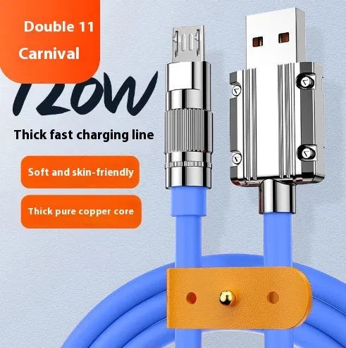 Orange zinc alloy fast charge data cable with Type-C, Micro USB and Lightning options, 0.3 m to 3 m lengths