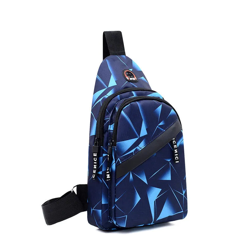 Men's blue crossbody sling bag with an earphone hole and zipper pocket.