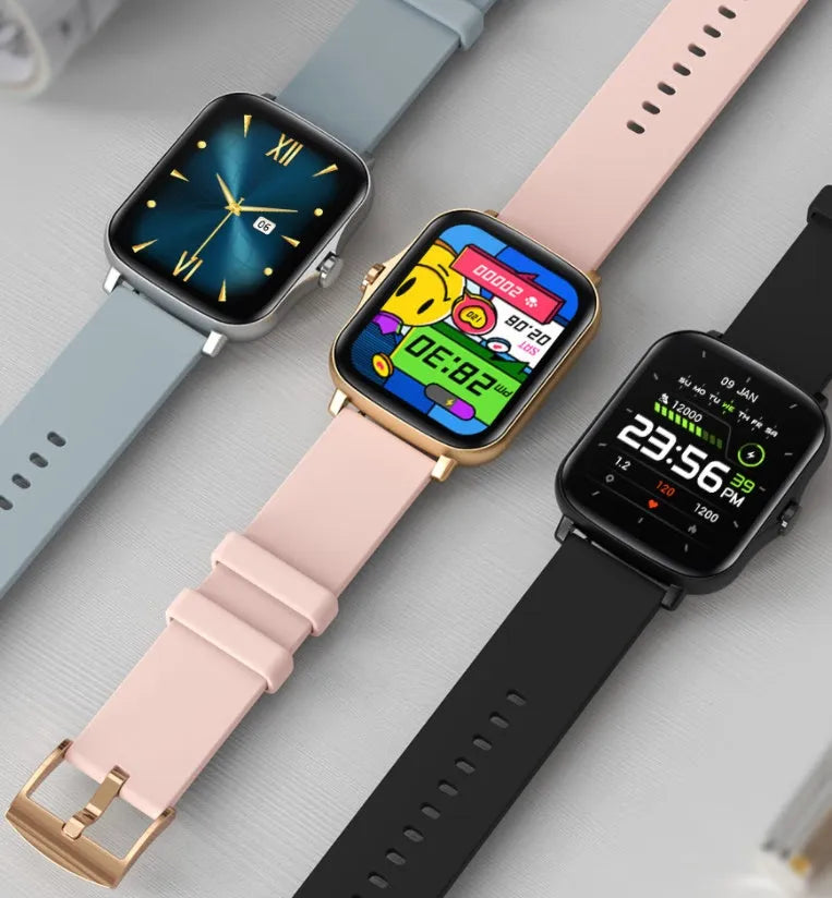 Smart watch with 1.7-inch colour touch screen showing fitness data, available in black, blue, or gold with adjustable strap