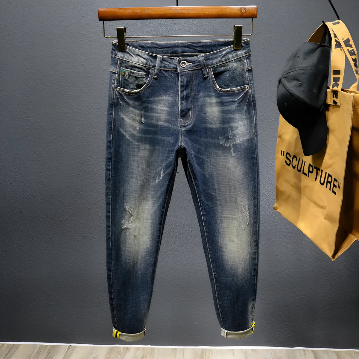 Men's slim straight stretch jeans in blue, mid waist, zip fly, red ear denim, sizes 28-38