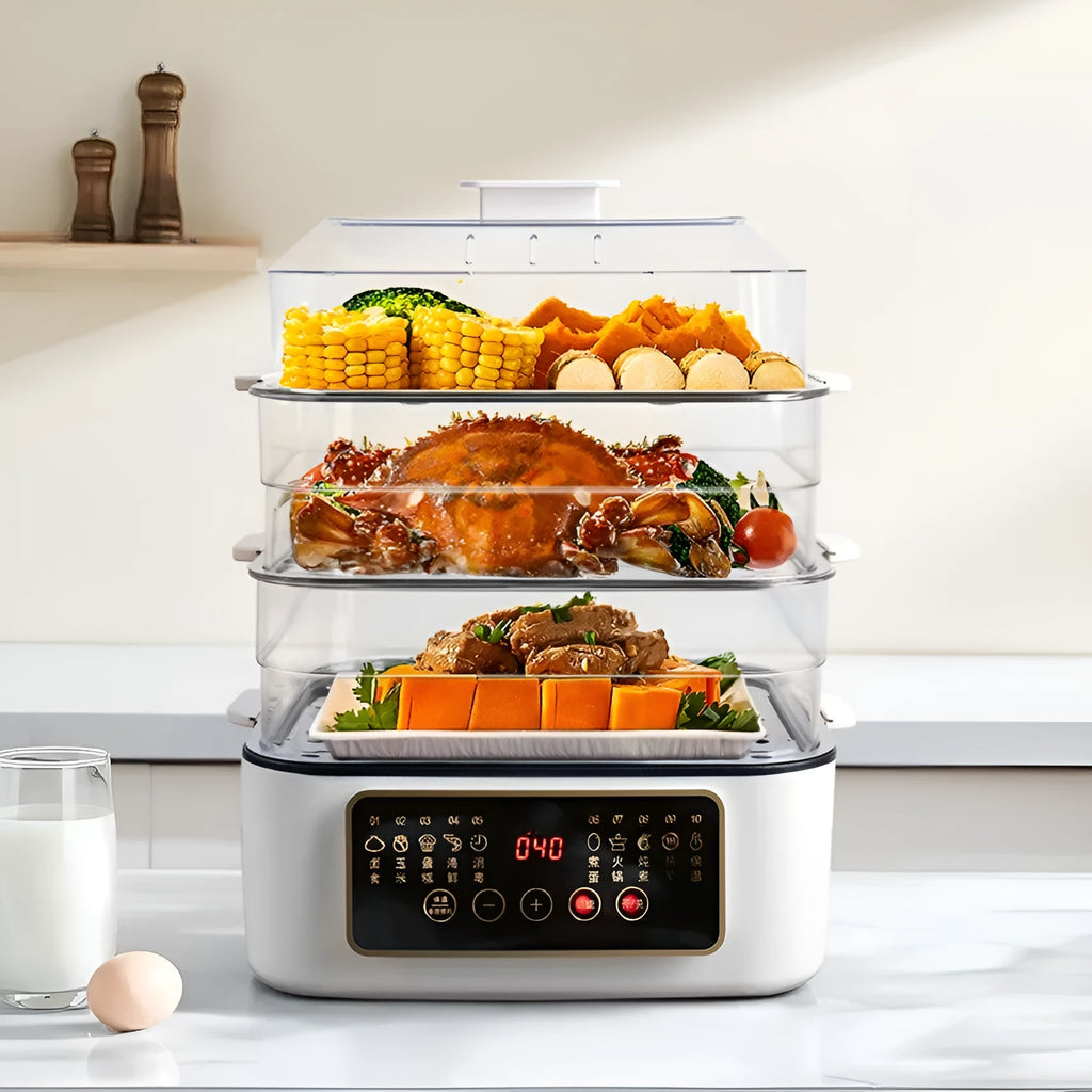 28 litre capacity electric kitchen steamer with stainless steel rack and automatic measuring function