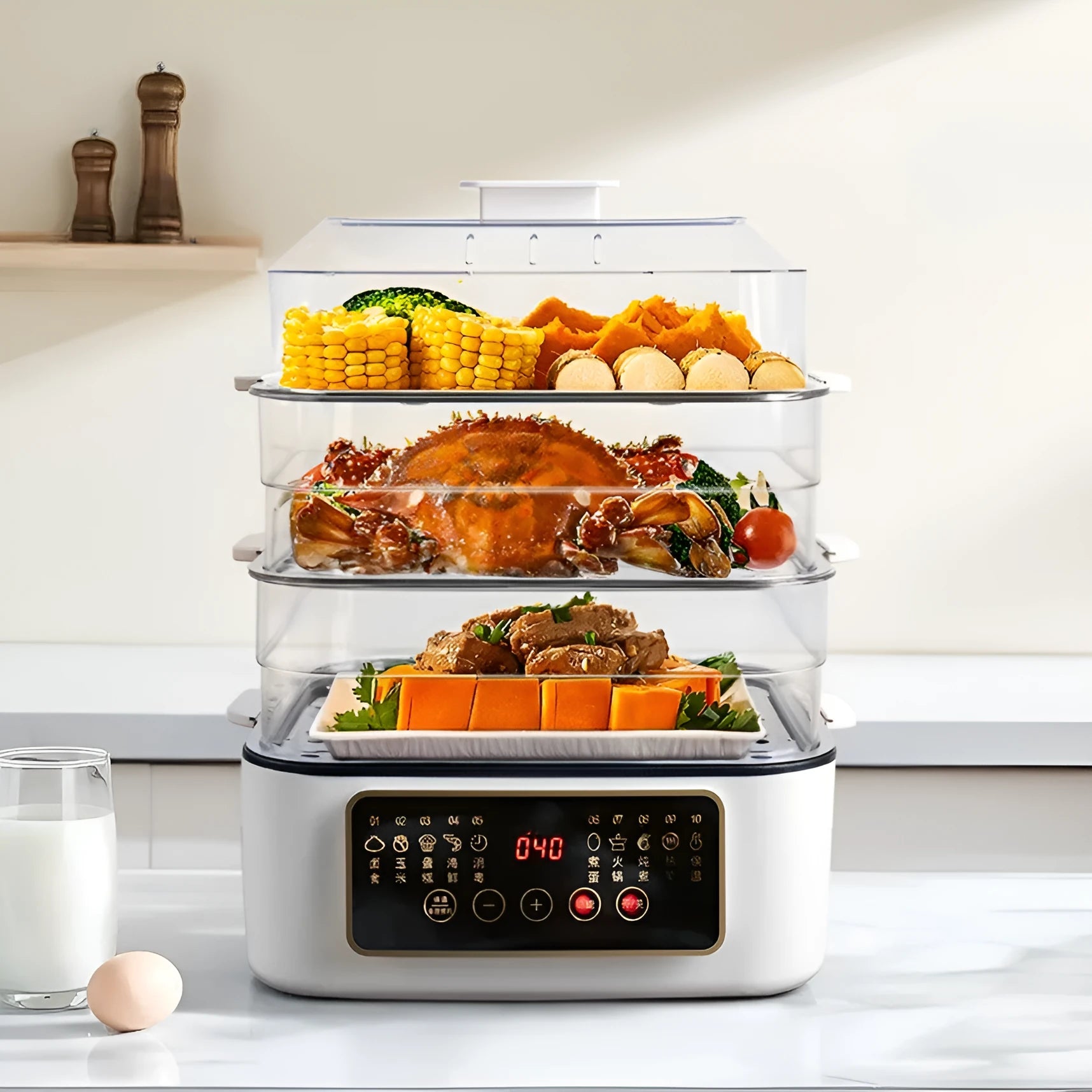 28 litre capacity electric kitchen steamer with stainless steel rack and automatic measuring function
