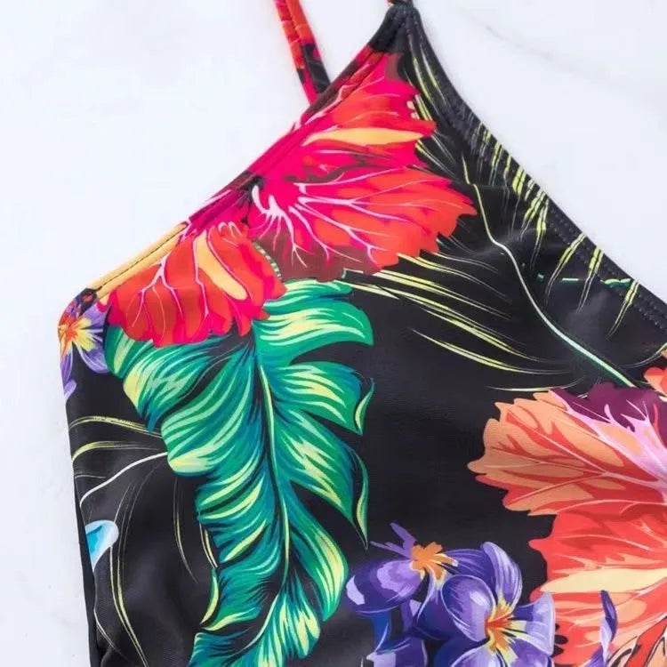Black women's high-waist printed split bikini briefs for swimming and sport activities