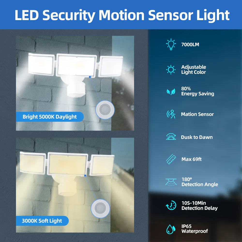 White and black versions of a 120V LED motion sensor security flood light for wall or ceiling mounting.